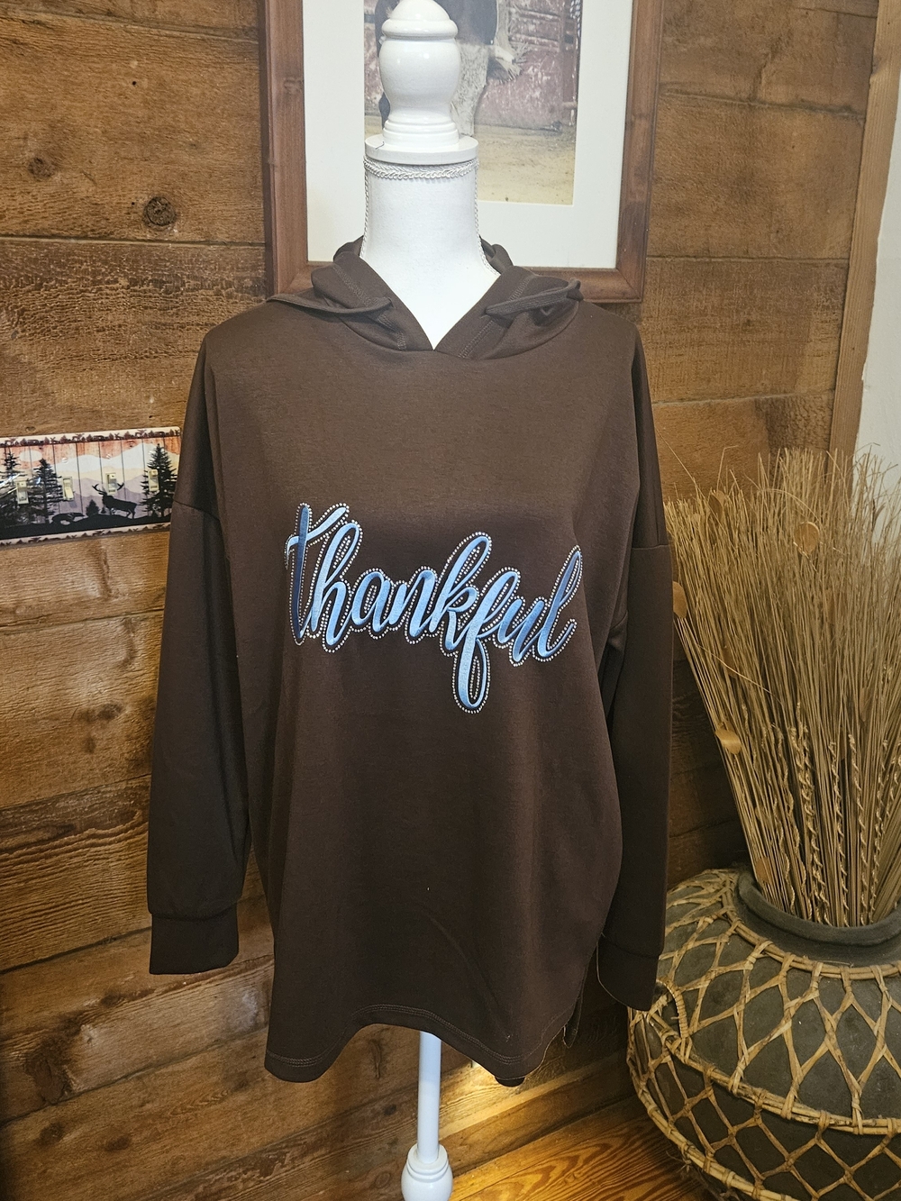 Thankful 💙Script Brown Hoodie Sweatshirt